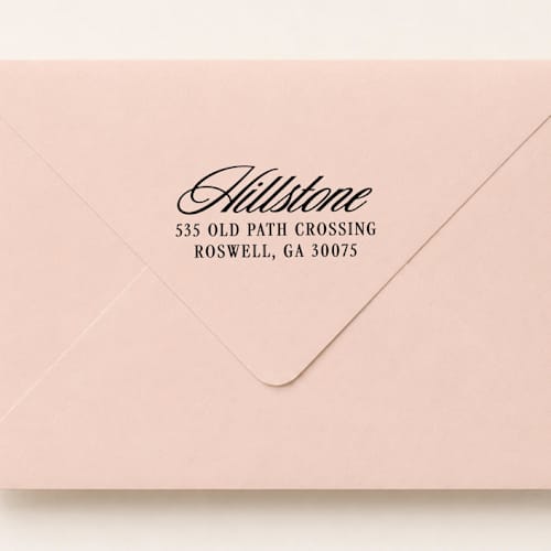 This is a multicolor address labels by Sara Luke called script return address stamp | wood handle stamp in standard