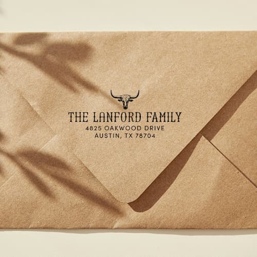 This is a black address labels by Sara Luke called western style return address stamp - self-inking stamp in standard