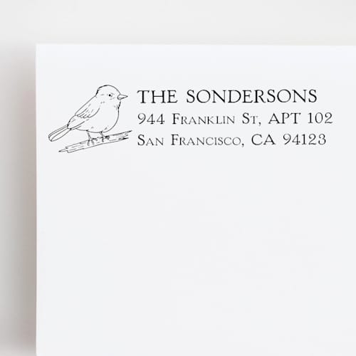 This is a multicolorassorted-colors address labels by Sara Luke called bird address stamp | wood handle stamp in standard