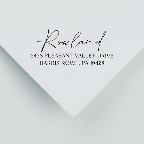 This is a multicolorassorted-colors address labels by Sara Luke called modern handwritten return address stamp | wood handle stamp in standard