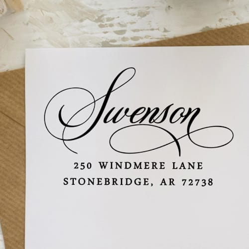 This is a multicolorassorted-colors address labels by Sara Luke called formal script address stamp | wood handle stamp in standard