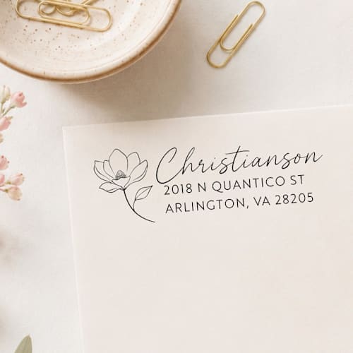 This is a multicolor address labels by Sara Luke called magnolia return address stamp | self-inking stamp in standard