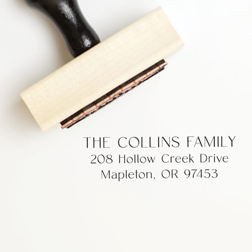 This is a multicolorassorted-colors address labels by Sara Luke called modern serif custom address stamp | wood handle stamp in standard