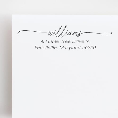 This is a multicolorassorted-colors address labels by Sara Luke called sweeping signature stamp - script address stamp | self-inking stamp in standard