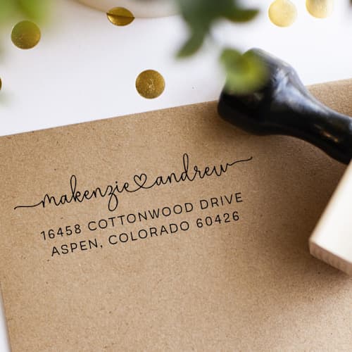 This is a multicolorassorted-colors address labels by Sara Luke called connected heart address stamp | wood handle stamp in standard