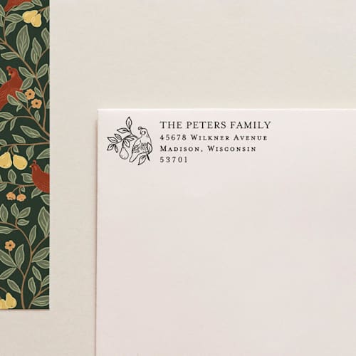 This is a black address labels by Tara Grangroth called holiday address stamp no. 15 in standard