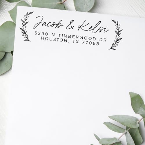 This is a beige address labels by Casey Harp called custom floral couple address stamp | self-inking | black ink in standard