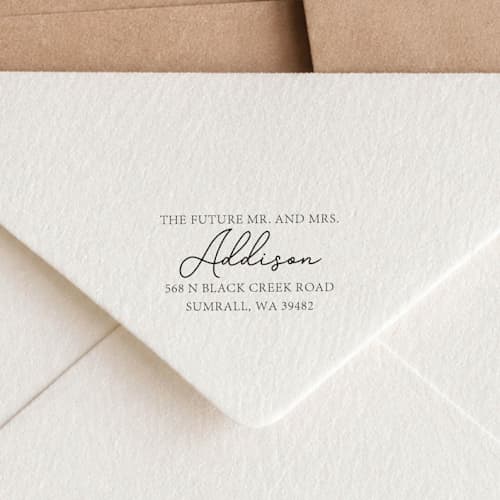 This is a multicolorassorted-colors address labels by Sara Luke called future mr. and mrs. address stamp | wood handle stamp in standard