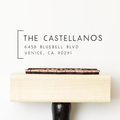 This is a multicolorassorted-colors address labels by Sara Luke called modern bracket custom stamp | wood handle stamp in standard