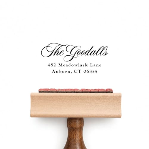 This is a multicolorassorted-colors address labels by Sara Luke called elegant calligraphy address stamp | wood handle stamp in standard