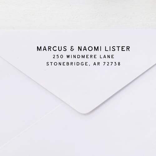 This is a black address labels by Sara Luke called minimalist 3-line return address stamp | self-inking stamp in standard