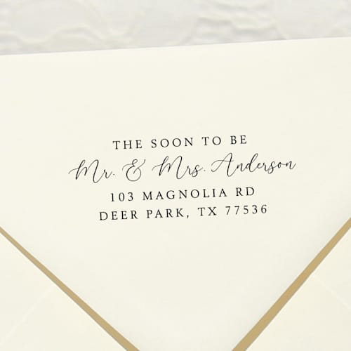 This is a black address labels by Samantha Malvey called custom name soon to be mr. and mrs. return address stamp | self inking return address stamp in standard