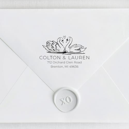 This is a multicolorassorted-colors address labels by Sara Luke called swan return address stamp - romantic wedding invitation | wood handle stamp in standard