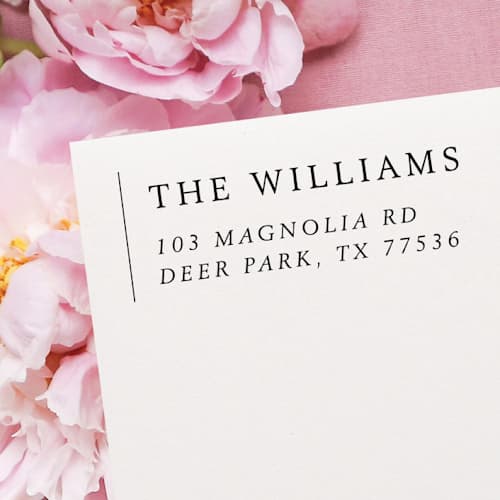 This is a black address labels by Samantha Malvey called classic address stamp | self inking return address stamp in standard