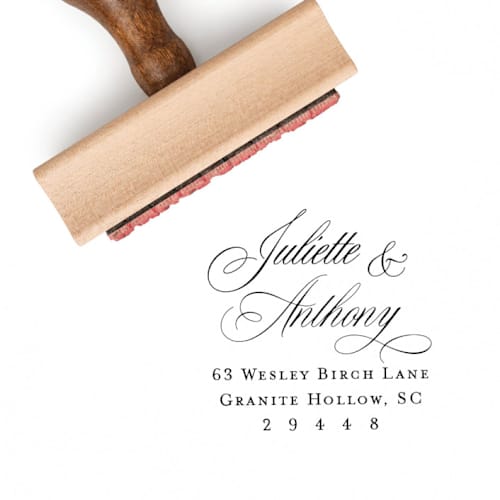 This is a multicolorassorted-colors address labels by Sara Luke called calligraphy return address stamp for wedding invitations or save the dates | wood handle stamp in standard