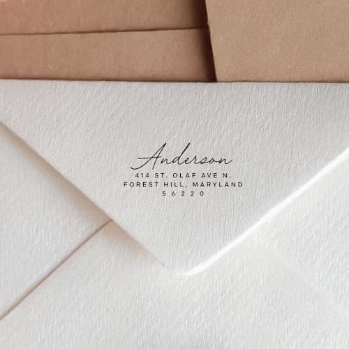 This is a black address labels by Sara Luke called personalized address self-inking stamp with elegant calligraphy in standard