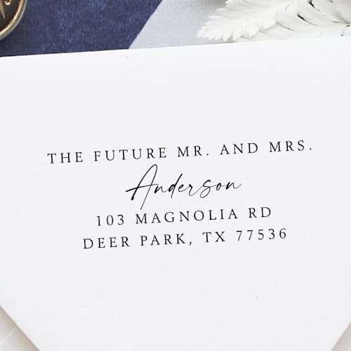 This is a black address labels by Samantha Malvey called future mr. mrs. stamp | self inking return address stamp in standard