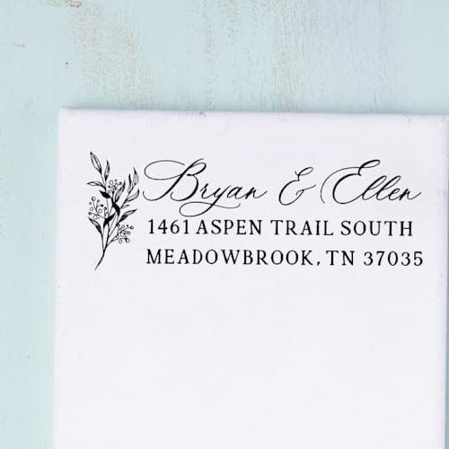 This is a black address labels by Sara Luke called personalized botanical address self-inking stamp in standard