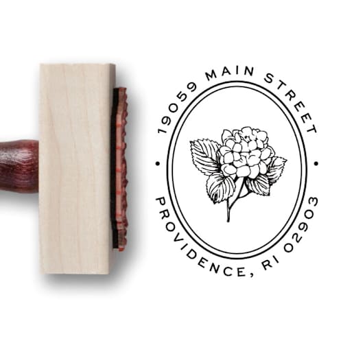 This is a multicolorassorted-colors address labels by Alyssa Cook called garden hydrangea address stamp | round wooden return address stamp in standard