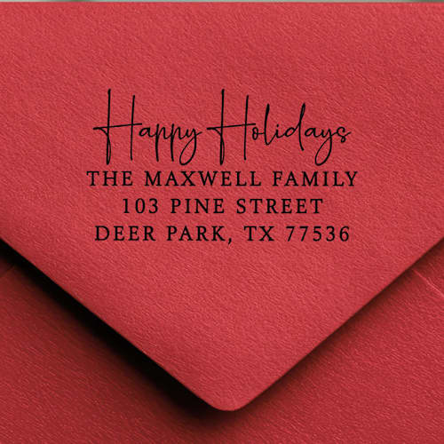 This is a black address labels by Samantha Malvey called happy holidays address stamp handwritten | self-inking address stamp in standard