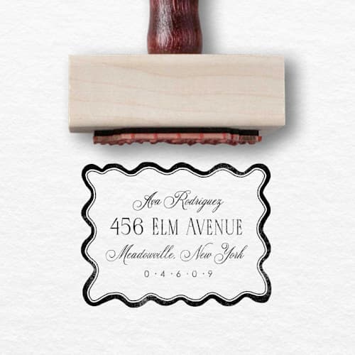 This is a multicolorassorted-colors address labels by Alyssa Cook called squiggle border custom return address stamp | wooden rubber invitation stamper in standard