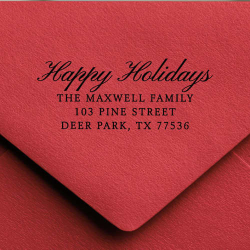 This is a black address labels by Samantha Malvey called happy holidays address stamp | self-inking return address stamp in standard