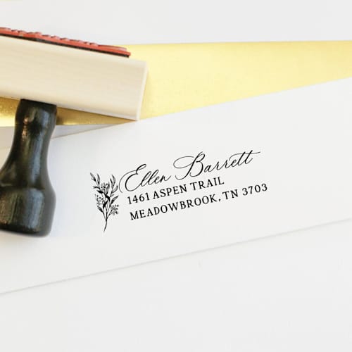This is a multicolorassorted-colors address labels by Sara Luke called personalized botanical address stamp | wood handle stamp in standard