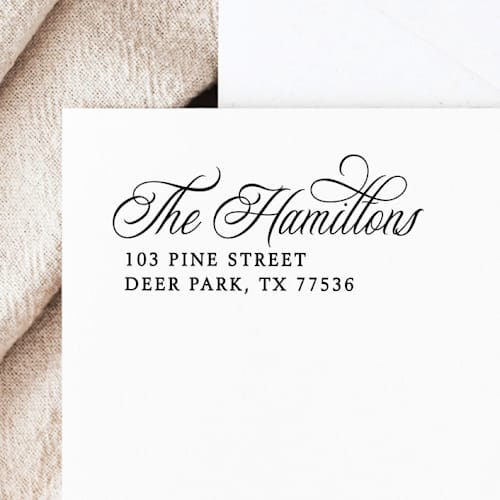 This is a black address labels by Samantha Malvey called calligraphy address stamp | self-inking return address stamp in standard