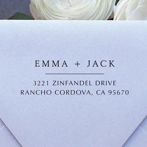 This is a black address labels by Samantha Malvey called modern couple address stamp | self inking return address stamp in standard
