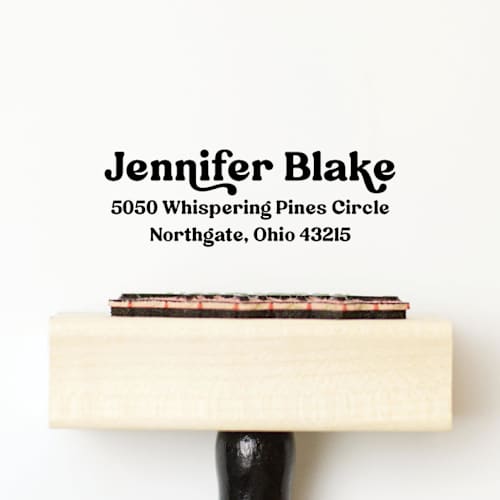 This is a multicolorassorted-colors address labels by Sara Luke called retro style address stamp | wood handle stamp in standard