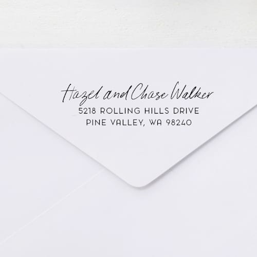 This is a black address labels by Sara Luke called custom self-inking return address stamp with handwritten script in standard