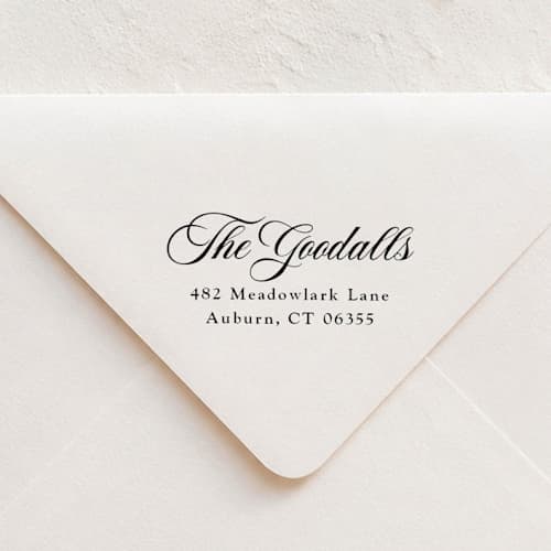 This is a multicolorassorted-colors address labels by Sara Luke called elegant calligraphy address stamp | self-inking stamp in standard