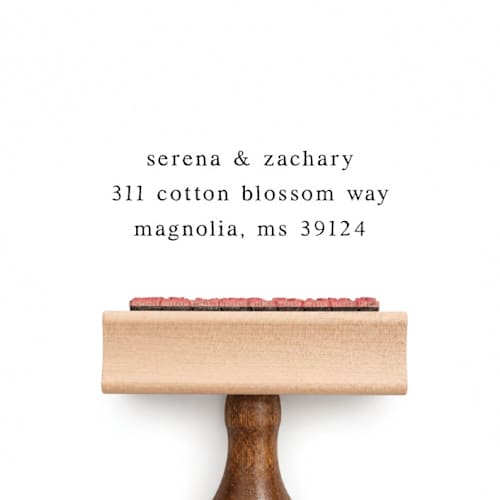 This is a multicolorassorted-colors address labels by Sara Luke called custom return address stamp, elegant serif design - stamp with wood handle in standard
