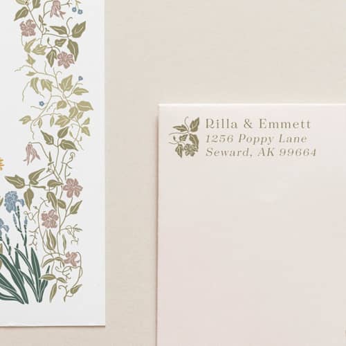 This is a green address labels by Tara Grangroth called self-ink 'wild clematis' address stamp | pebble beach ink color in standard