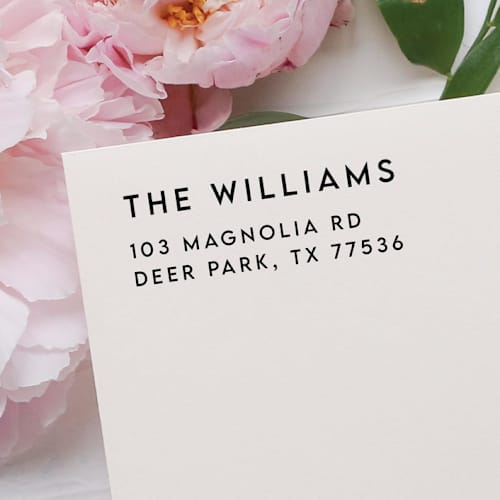 This is a black address labels by Samantha Malvey called modern address stamp | self inking return address stamp in standard