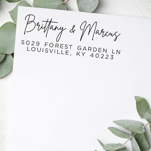 This is a white address labels by Casey Harp called custom modern couple address stamp | self-inking | black ink in standard