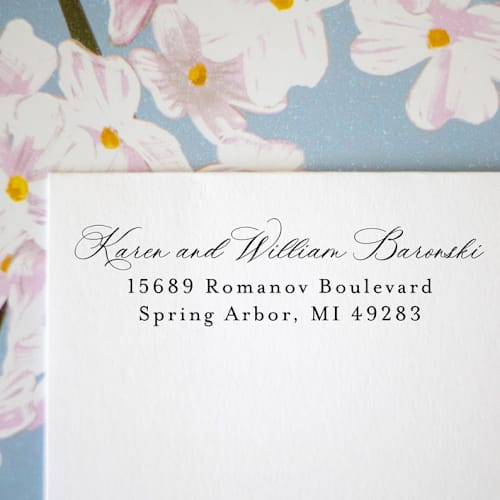 This is a black address labels by Sara Luke called formal script custom address stamp | self inking in standard