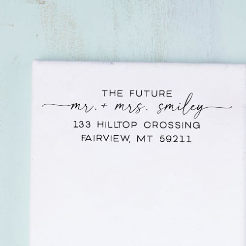 This is a black address labels by Sara Luke called future mr. and mrs. return address stamp for wedding invitations | self-inking stamp in standard