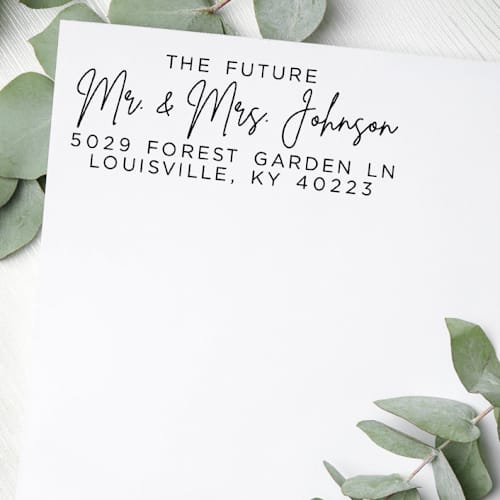 This is a black address labels by Casey Harp called custom future modern script address stamp | self-inking | black ink in standard
