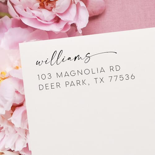 This is a black address labels by Samantha Malvey called custom family address stamp | self inking return address stamp in standard