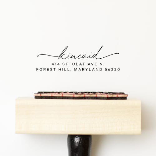 This is a multicolorassorted-colors address labels by Sara Luke called personalized address stamp with elegant calligraphy | wood handle stamp in standard