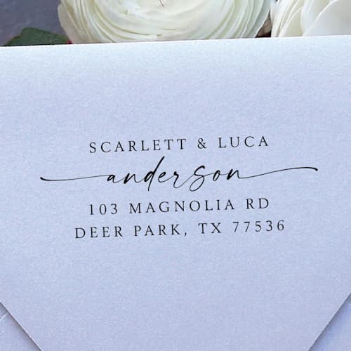 This is a black address labels by Samantha Malvey called two name address stamp | self inking return address stamp in standard