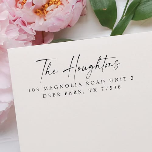 This is a black address labels by Samantha Malvey called calligraphy address stamp | self inking return address stamp in standard