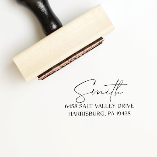 This is a multicolorassorted-colors address labels by Sara Luke called personalized script return address stamp | wood handle stamp in standard