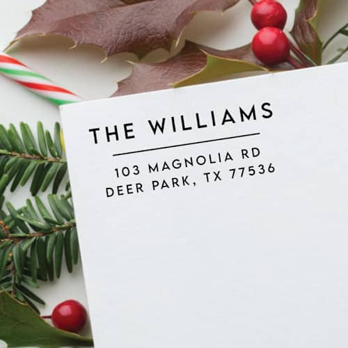 This is a black address labels by Samantha Malvey called modern address stamp | self inking return address stamp in standard