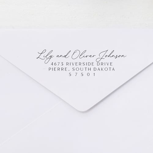 This is a black address labels by Sara Luke called personalized address self-inking stamp with elegant calligraphy in standard