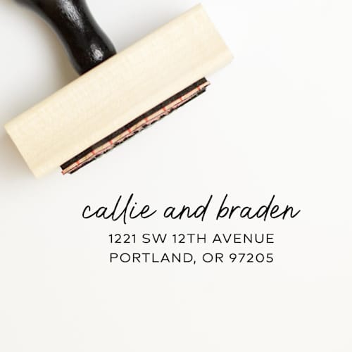 This is a multicolorassorted-colors address labels by Sara Luke called modern first names custom address stamp | wood handle stamp in standard