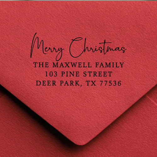 This is a black address labels by Samantha Malvey called merry christmas address stamp handwritten | self-inking stamp in standard