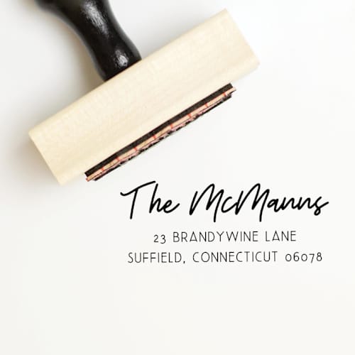 This is a multicolorassorted-colors address labels by Sara Luke called personalized address stamp with calligraphy | wood handle stamp in standard