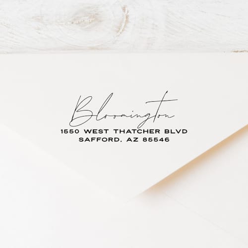 This is a multicolorassorted-colors address labels by Sara Luke called modern script address stamp | wood handle stamp in standard